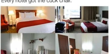 Meme showing hotel rooms with the infamous "cuck chair."