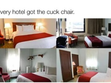 Meme showing hotel rooms with the infamous "cuck chair."