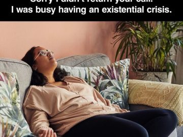 Woman on couch experiencing an existential crisis, dark humor.