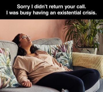 Woman on couch experiencing an existential crisis, dark humor.
