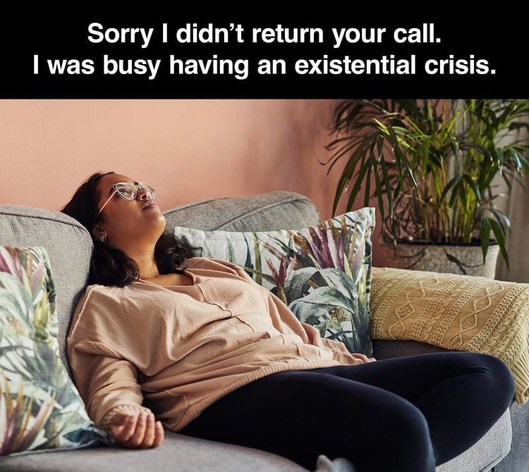 Woman on couch experiencing an existential crisis, dark humor.