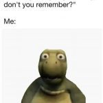 Turtle with blank stare, captioned with forgetful dialogue.