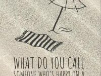 Beach scene with umbrella and towel, caption about retirement happiness.