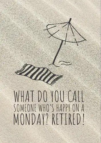 Beach scene with umbrella and towel, caption about retirement happiness.