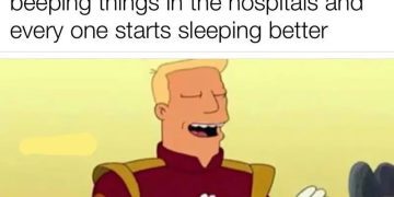Cartoon character joking about turning off hospital beeping.
