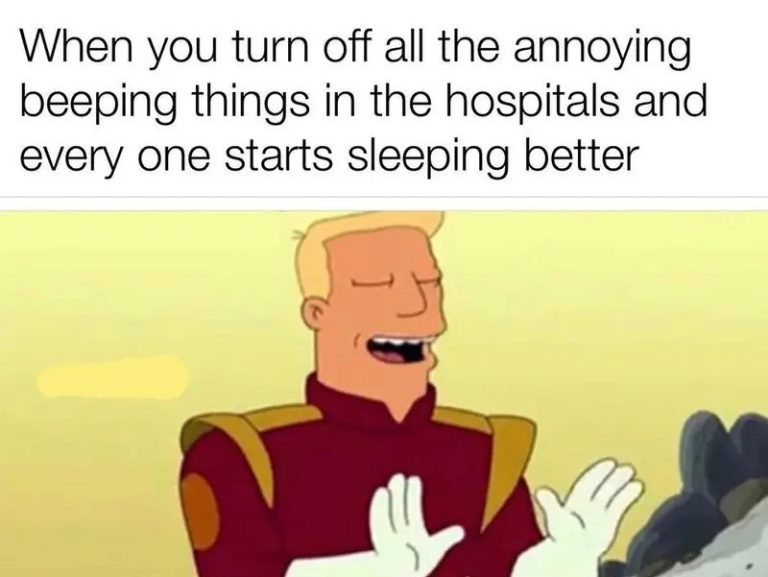 Cartoon character joking about turning off hospital beeping.