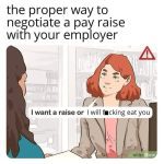 Comic-style meme about negotiating a pay raise with humor.