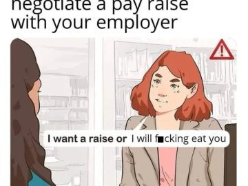 Comic-style meme about negotiating a pay raise with humor.
