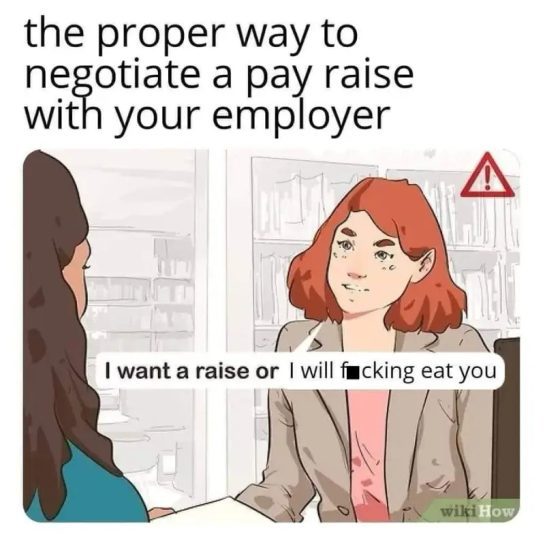 Comic-style meme about negotiating a pay raise with humor.