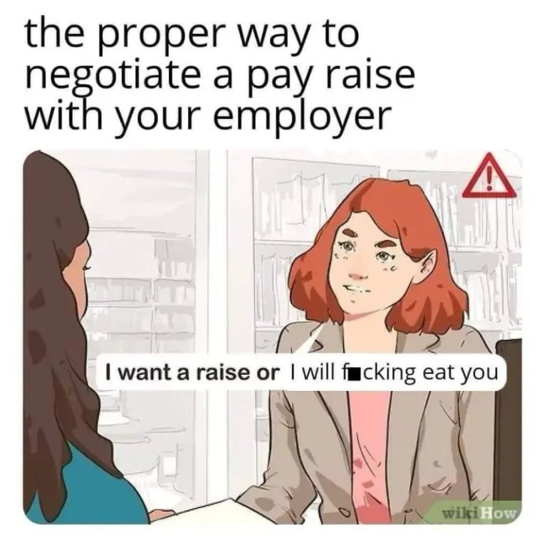 Comic-style meme about negotiating a pay raise with humor.