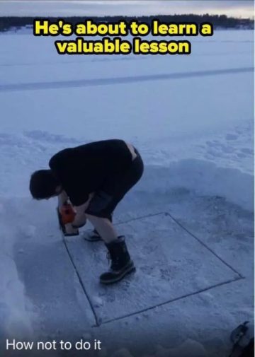 Person cutting a square in ice, about to experience a fail.