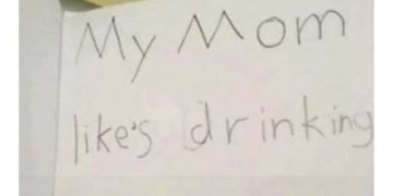 Child's drawing of mom's hobby involving a wine glass.
