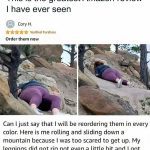 Person stuck on rocks reviewing leggings durability with humor.