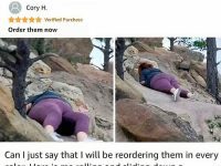 Person stuck on rocks reviewing leggings durability with humor.
