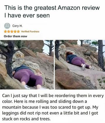 Person stuck on rocks reviewing leggings durability with humor.