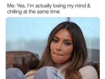 Woman demonstrating humorous multitasking by losing her mind and relaxing