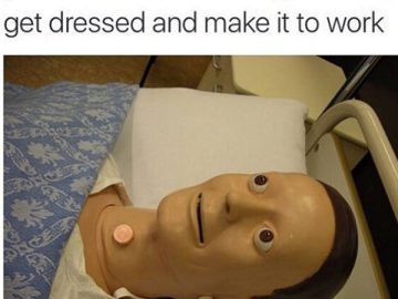 Mannequin waking up in a panic, realizing he has 4 minutes to get to work.