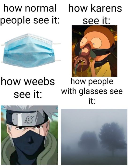 Funny meme showing different perspectives on wearing masks.