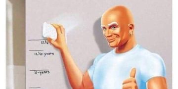 Mr. Clean humor meme wiping timeline with dark humor caption.