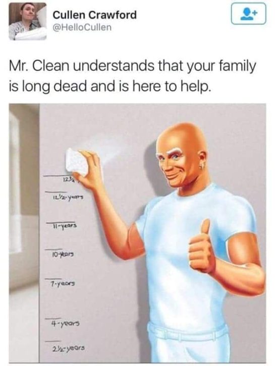 Mr. Clean humor meme wiping timeline with dark humor caption.