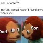 Puppet with side-eye reacting to awkward family conversation