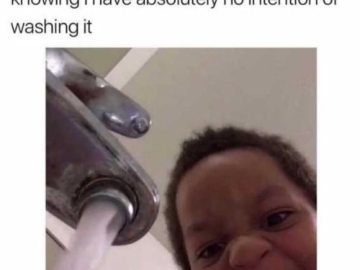 Meme of a child smiling at water running from a faucet, captioned about soaking pans.