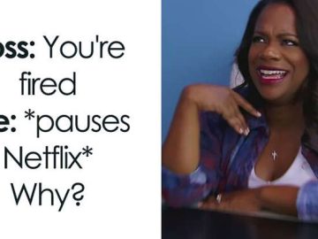 Meme of laughing woman reacting to being fired while watching Netflix