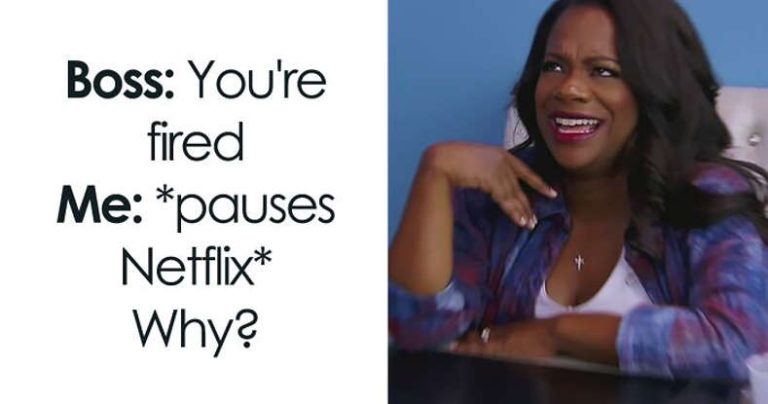 Meme of laughing woman reacting to being fired while watching Netflix