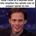 Man with funny, awkward smile after pepper spray joke.