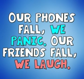 Text meme about priorities: phones versus friends falling.
