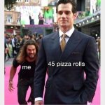 Person chasing another labeled "45 pizza rolls" on pink carpet.