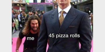 Person chasing another labeled "45 pizza rolls" on pink carpet.
