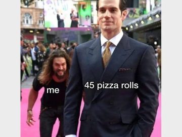 Person chasing another labeled "45 pizza rolls" on pink carpet.