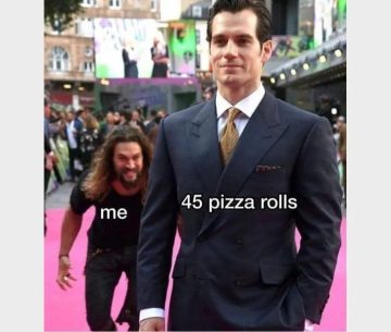 Person chasing another labeled "45 pizza rolls" on pink carpet.