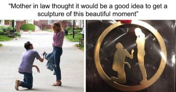 Man proposing to woman with engraved sculpture fail comparison