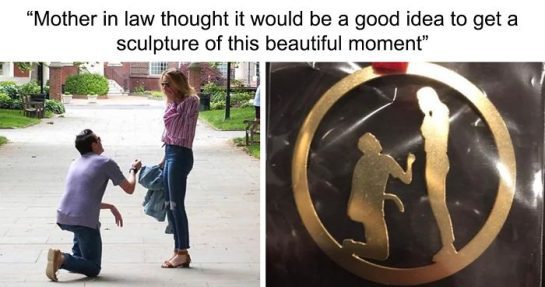 Man proposing to woman with engraved sculpture fail comparison