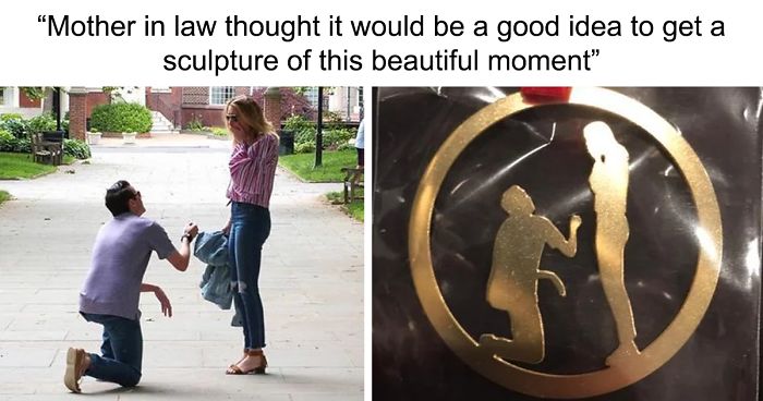 Man proposing to woman with engraved sculpture fail comparison