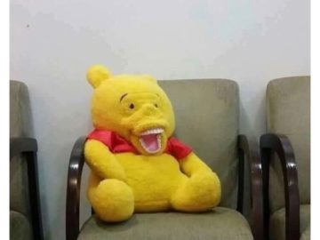 Stuffed bear on chair with shocked expression, reacting to awkward oversharing