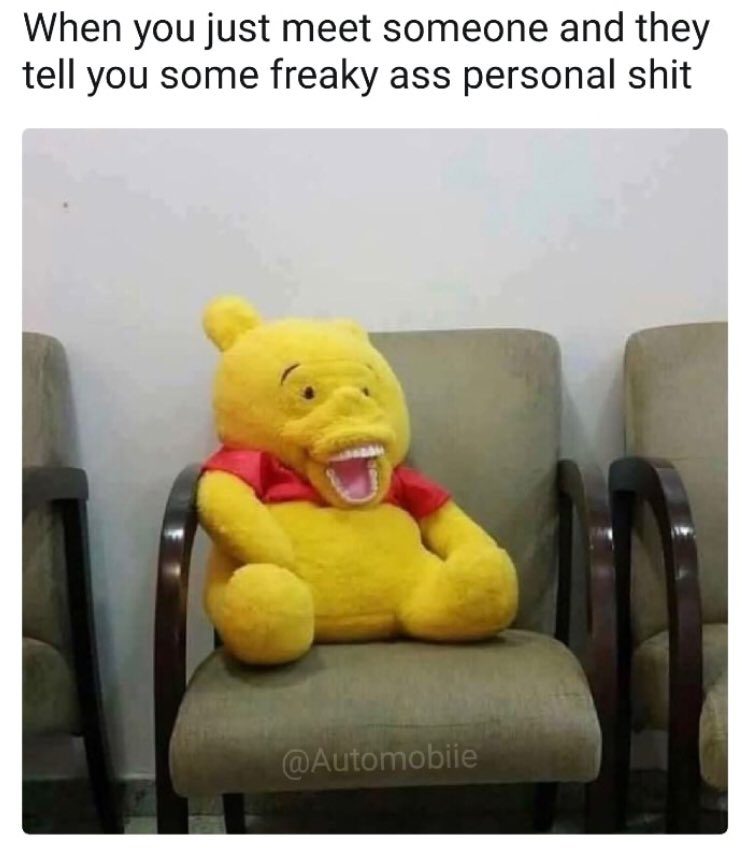 Stuffed bear on chair with shocked expression, reacting to awkward oversharing