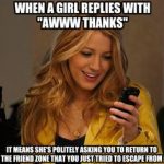 Woman reading a text and smiling, caption about friend zone escape.