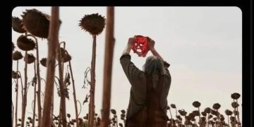 Person holding a Fruit Roll Up in a field mimicking a ritual.