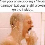 Man in shower crying over shampoo’s unfulfilled promise of repair.