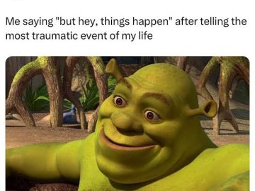 Shrek smiling casually after sharing a traumatic event.