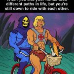 Cartoon characters on a bike with a bread and wine basket.