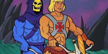 Cartoon characters on a bike with a bread and wine basket.