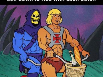 Cartoon characters on a bike with a bread and wine basket.