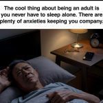 Man lying in bed with open eyes, surrounded by anxieties.