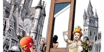 Superhero shocked at small guillotine hole in historic scene.