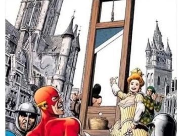 Superhero shocked at small guillotine hole in historic scene.