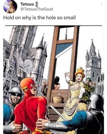 Superhero shocked at small guillotine hole in historic scene.
